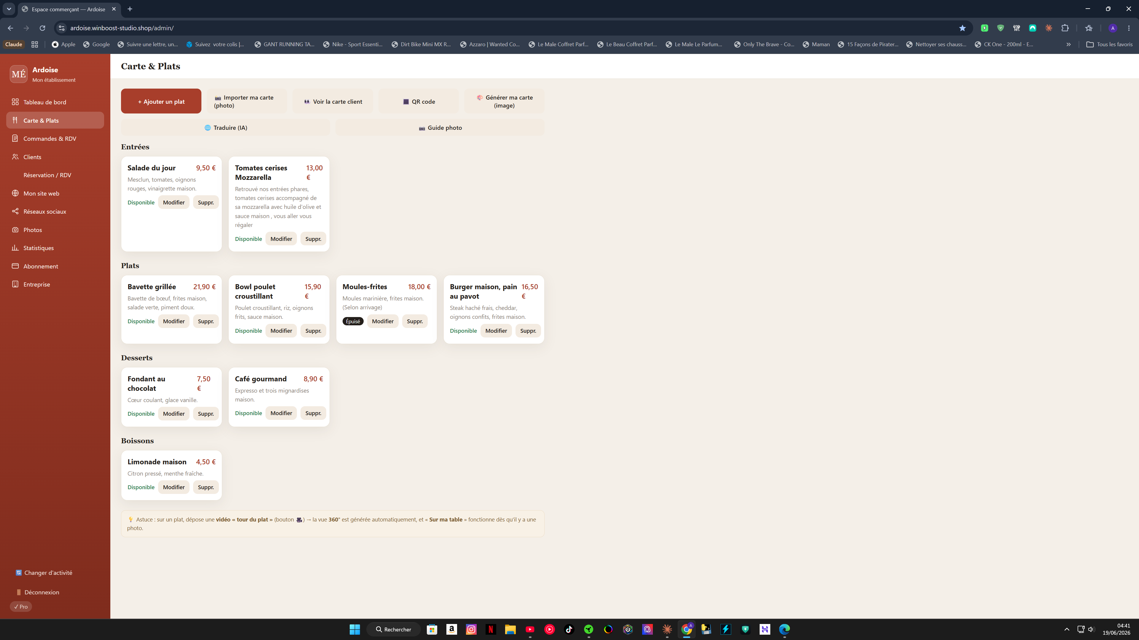 Gestion de la carte et des plats